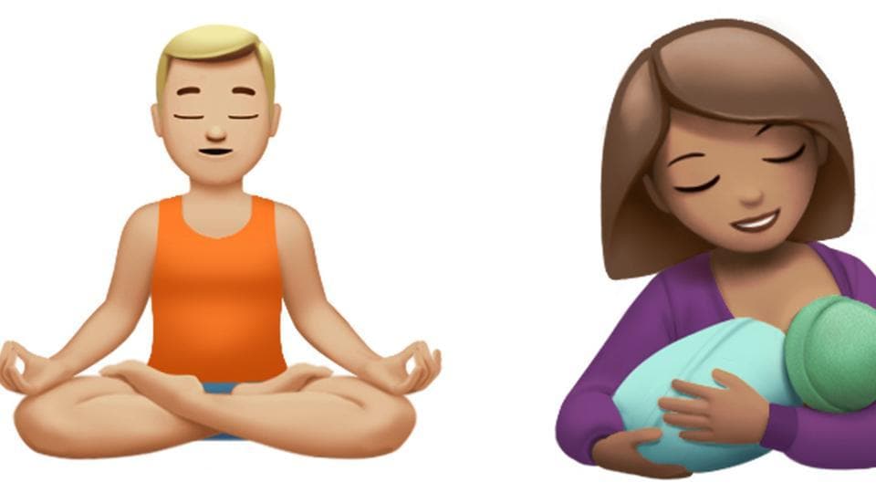 New emoji include woman with headscarf, bearded person, yoga master and breastfeeding mom, and food items such as sandwich and coconut.