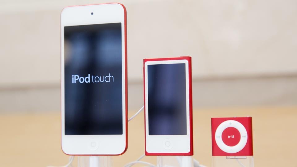 (From left) An iPod, iPod Nano and iPod Shuffle are displayed at an Apple store in New York.