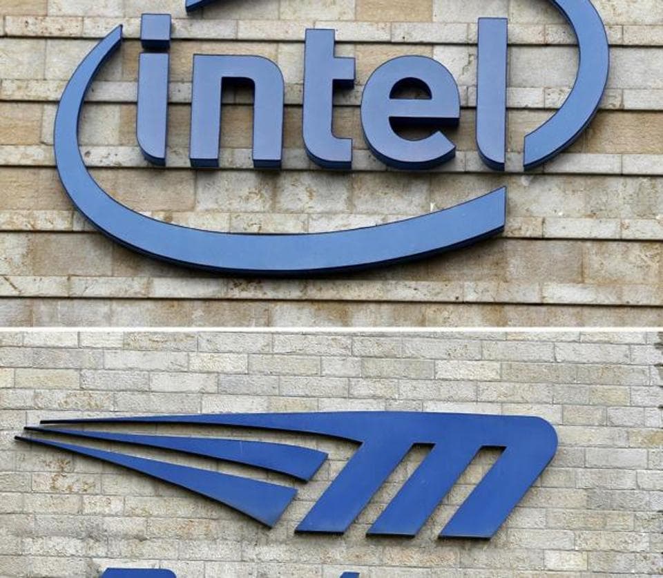 A combination of file pictures taken in Jerusalem shows the logos of US computer chip giant Intel and Israeli car tech firm Mobileye.