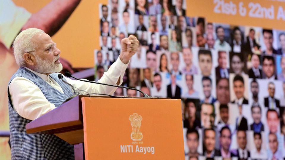 Prime Minister Narendra Modi addresses young CEOs during the “Champions of Change” initiative organised by the NITI Aayog, in New Delhi on Tuesday.