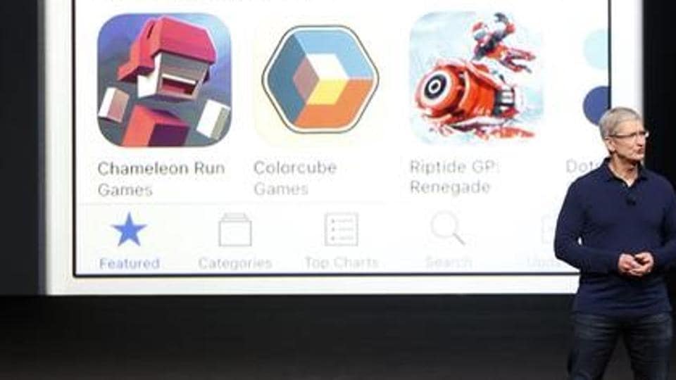 Apple CEO Tim Cook discusses the App Store during an Apple media event in San Francisco, California on September 7.
