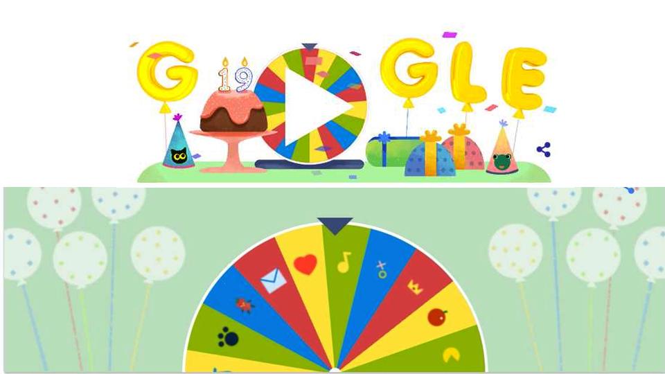 Google has stuffed 19 doodles in one huge spinner allowing users to choose from the top interactives it has churned out since 1998, on its 19th anniversary.