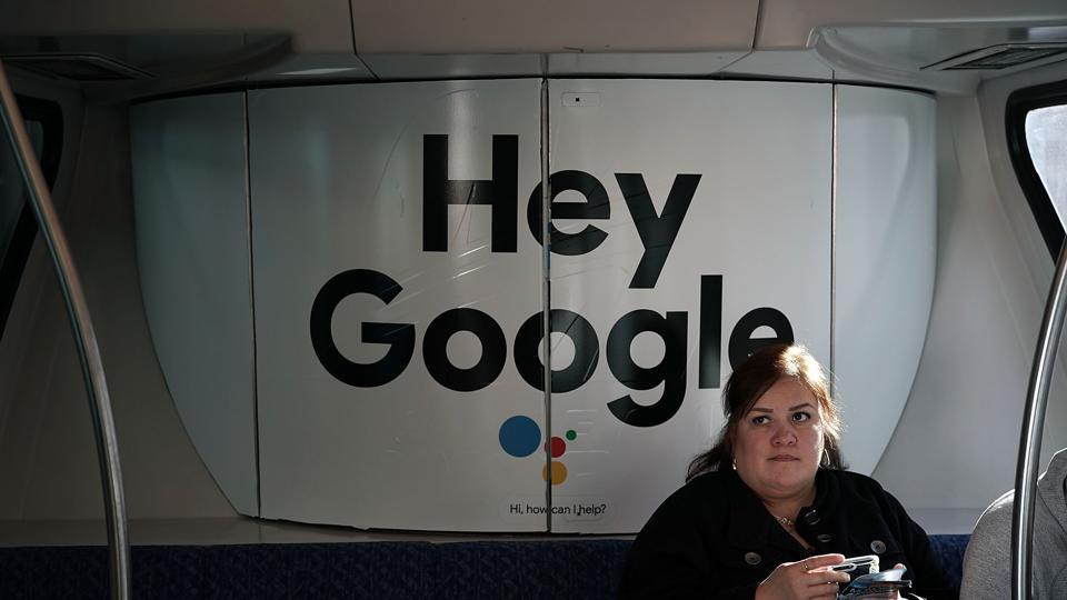 LAS VEGAS, NV - JANUARY 07: A woman sits in a Las Vegas Monorail car with a Google ad prior to the CES 2018 on January 7, 2018 in Las Vegas, Nevada.