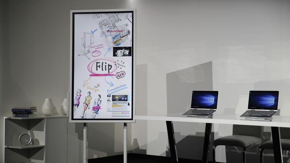 The Samsung Flip digital whiteboard and the Notebook 9 Pen tablets are displayed during a news conference at CES International  in Las Vegas.