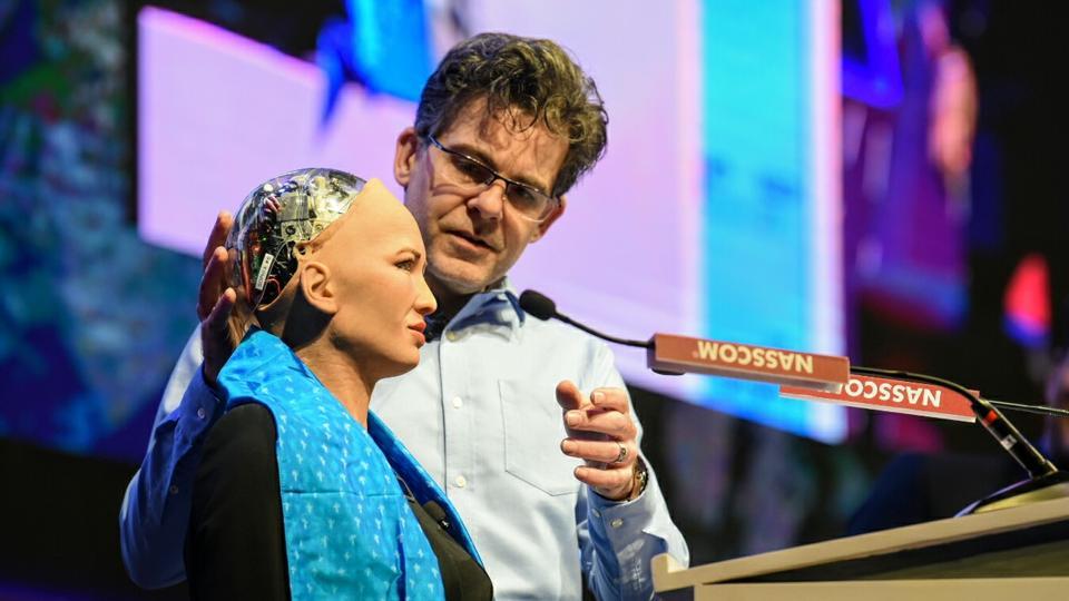 Sophia, a humanoid robot, with her creator David Hanson a the  World Congress on Information Technology in Hyderabad on Tuesday.