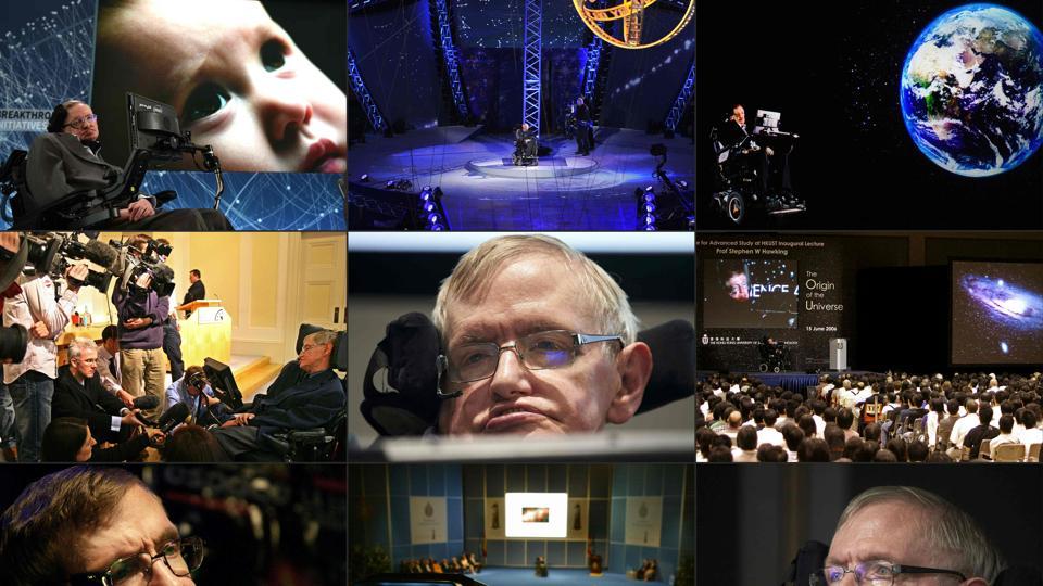 (Files) This combination of pictures created on March 14, 2018 shows (top left to bottom right) renowned cosmologist Professor Stephen Hawking as he attends a press conference at One World Observatory April 12, 2016 in New York.