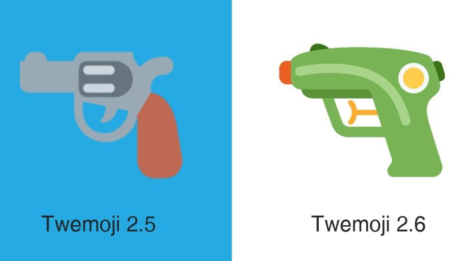Twitter’s pistol emoji is replaced by a water gun.