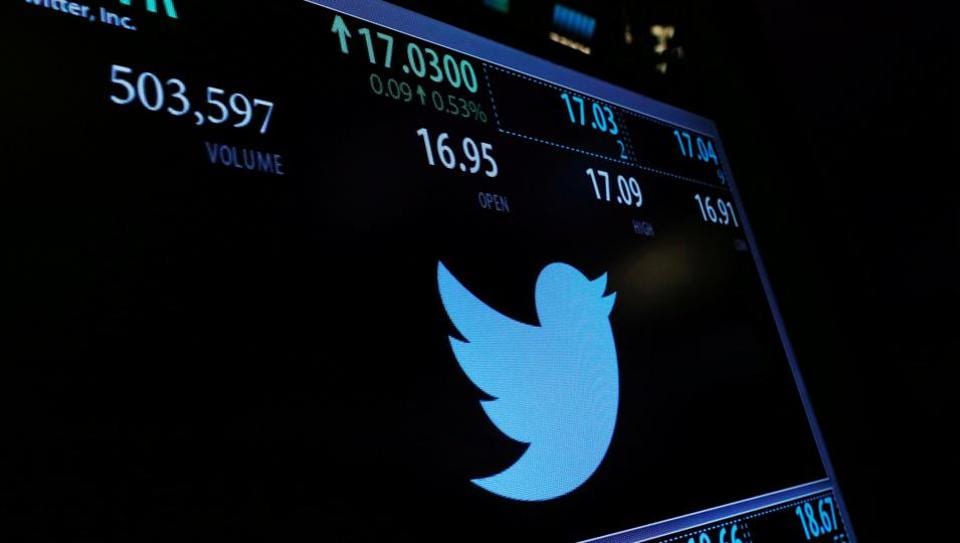 A screen displays the stock price of Twitter above the floor of the New York Stock Exchange (NYSE) in New York.