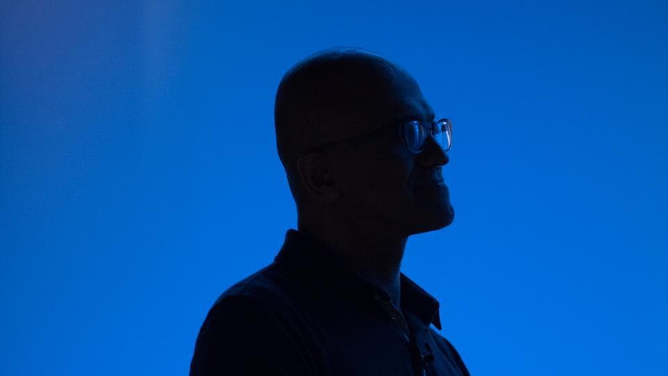 Satya Nadella, CEO of Microsoft, watches a video during the Microsoft Developers Build Conference in Seattle on Monday.