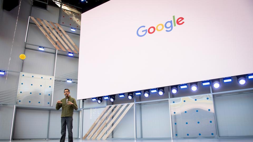 Google CEO Sundar Pichai addresses the keynote at Google I/O 2018.