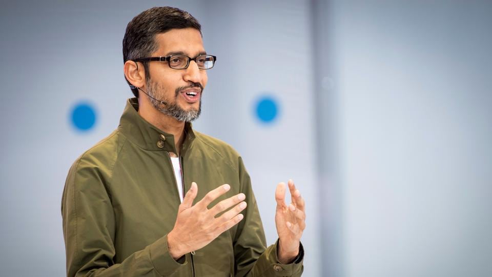 Sundar Pichai, CEO of Google speaks during the Google I/O Developers Conference in Mountain View.