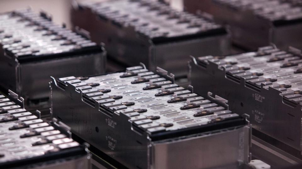 Battery modules on the production line at the BMW manufacturing plant in Dingolfing, Germany