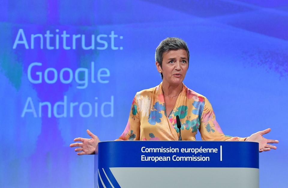 European Union Competition Commissioner Margrethe Vestager gives a joint press at the EU headquarters in Brussels on July 18, 2018. The EU on July 18, 2018 gave Google 90 days to end 