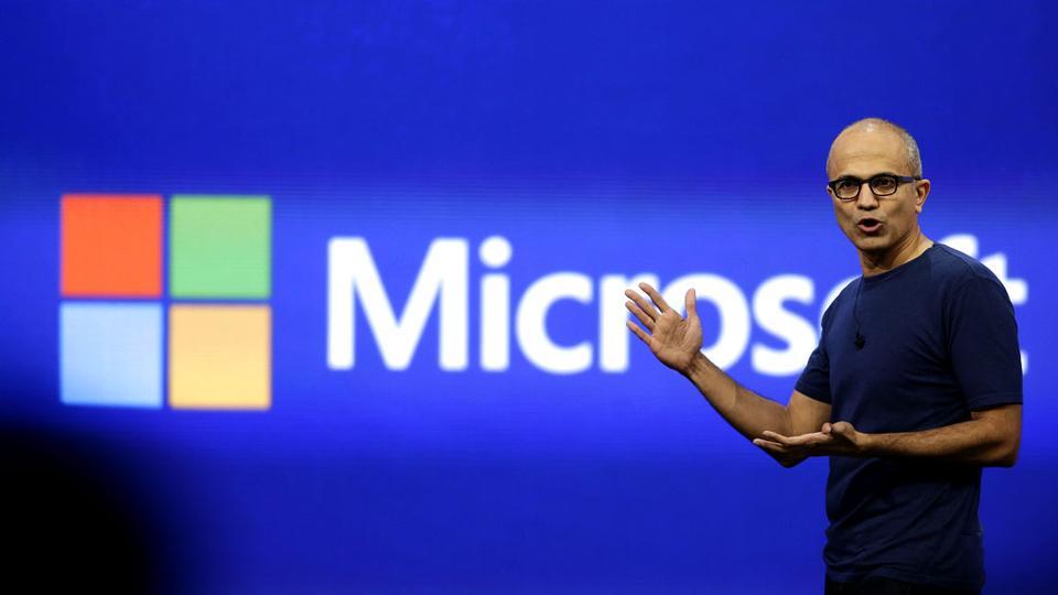 Microsoft CEO Satya Nadella gestures as he speaks during his keynote address in San Francisco, California.