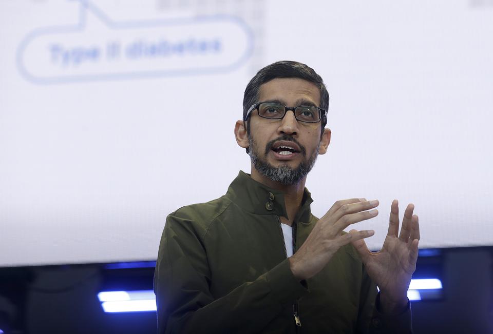 Google CEO Sundar Pichai speaks at the Google I/O conference in Mountain View, California.