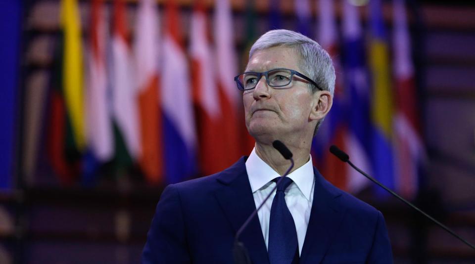 Tim Cook, CEO of Apple Inc talks at the Debating Ethics event at the European Parliament in Brussels on October 24, 2018.