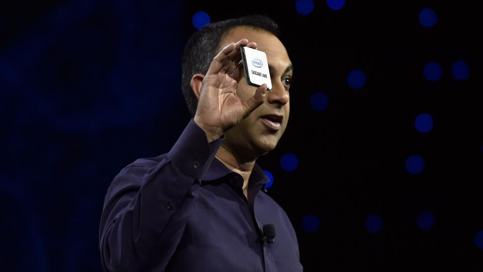 Intel Executive Vice President and General Manager Data Center Group Navin Shenoy displays a Cascade Lake chip during an Intel press event for CES 2019 at the Mandalay Bay Convention Center on January 7, 2019 in Las Vegas, Nevada