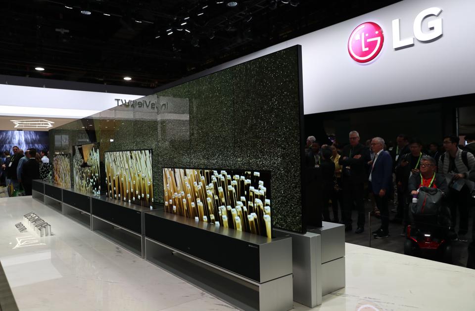 The LG Signature OLED TV R, the world's first rollable TV, is displayed at the LG booth during CES 2019 at the Las Vegas Convention Center on January 9, 2019 in Las Vegas, Nevada. The LG Signature OLED TV R, the world's first rollable TV, is displayed at the LG booth during CES 2019 at the Las Vegas Convention Center on January 9, 2019 in Las Vegas, Nevada.