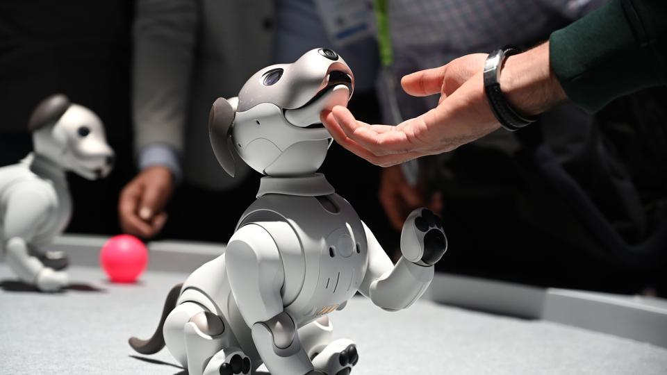 Attendees interact with the AIBO robotic companion dog at the Sony booth during CES 2019 consumer electronics show.