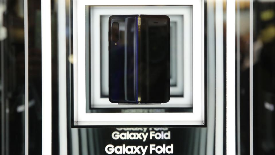 A Galaxy Fold smartphone stands on display at the Samsung Electronics Co. pavilion on the opening day of the MWC Barcelona in Barcelona,