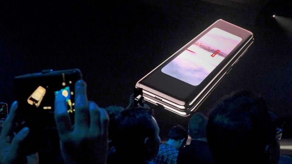 The Samsung Galaxy Fold phone is shown on a screen at Samsung Electronics Co Ltd’s Unpacked event in San Francisco, California, U.S., February 20, 2019.
