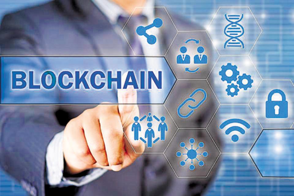 Businessman choosing blockchain technology illustrated with icons