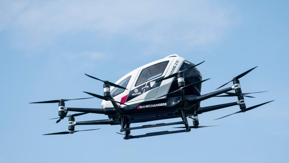 (Representative image) An unmanned Air Taxi EHANG 216 takes off during a press preview of FACC AG on 