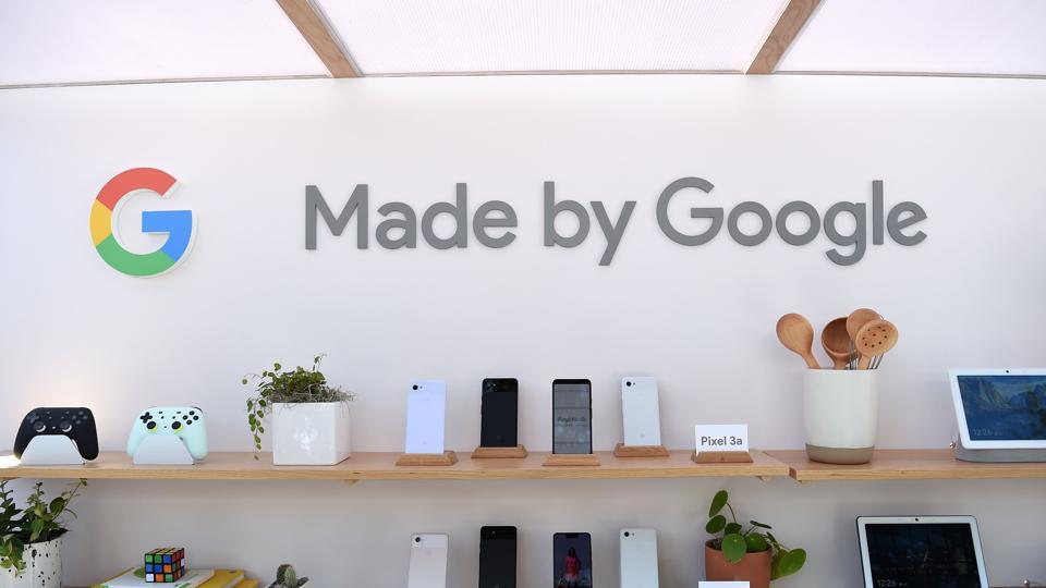 Google products, including the new Pixel 3A phone, are displayed during the Google I/O conference at Shoreline Amphitheatre in Mountain View, California on May 7, 2019.