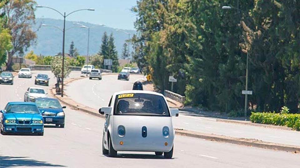 Google's self-driving car takes to the street. Google's self-driving car takes to the street.
