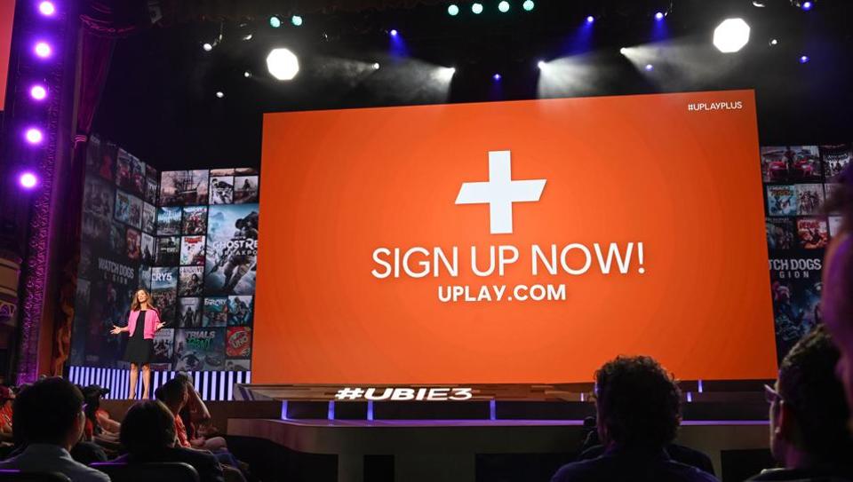 Brenda Panagrossi, Ubisoft vice president of platform and product management, announces the company's new subscription service, Uplay+,.