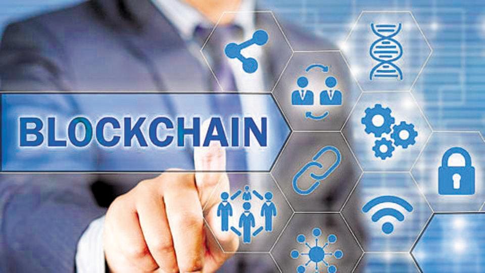 Businessman choosing blockchain technology illustrated with icons