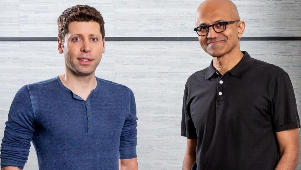 Microsoft CEO Satya Nadella (R) and OpenAI CEO Sam Altman at the Microsoft campus are pictured in Redmond, Washington, U.S. in this July 15, 2019 handout photo.