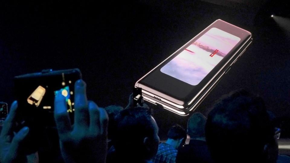 The Samsung Galaxy Fold phone is shown on a screen at Samsung Electronics Co Ltd’s Unpacked event in San Francisco