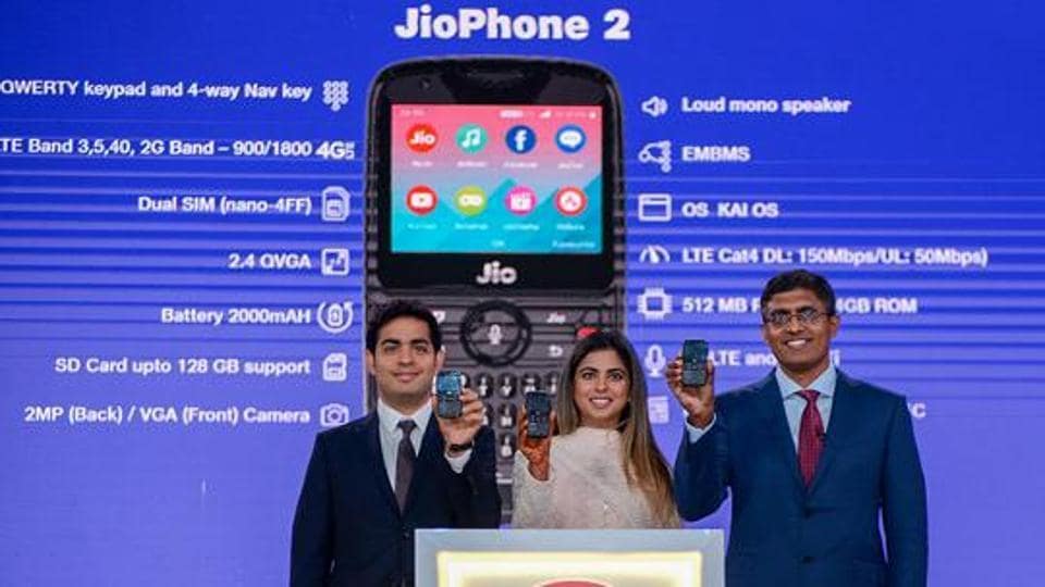 Mumbai: Mukesh Ambani's son and daughter Akash and Isha Ambani launch JioPhone 2 during the company's Annual General Meeting (AGM), in Mumbai on Thursday, July 05, 2018.