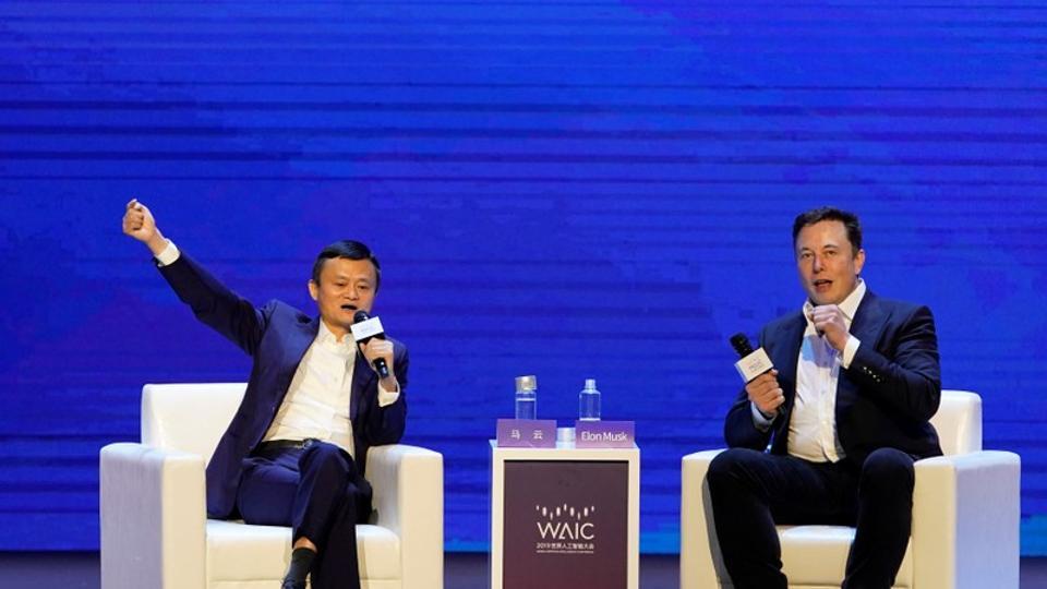 Tesla Inc CEO Elon Musk and Alibaba Group Holding Ltd Executive Chairman Jack Ma attend the World Artificial Intelligence Conference (WAIC) in Shanghai, China.