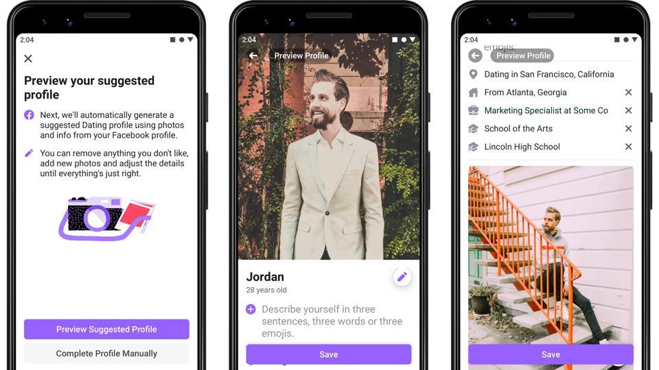 Screenshots of Facebook Dating, a mobile-only matchmaking service which just launched in the US.