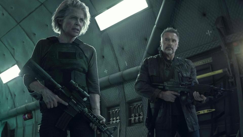 This image released by Paramount Pictures shows Linda Hamilton, left, and Arnold Schwarzenegger in 
