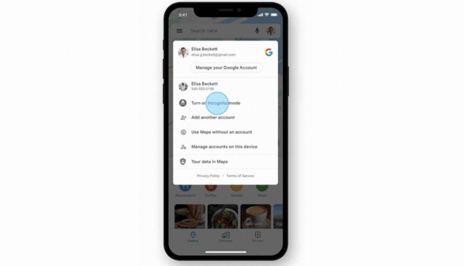 Google Maps incognito mode on iOS.