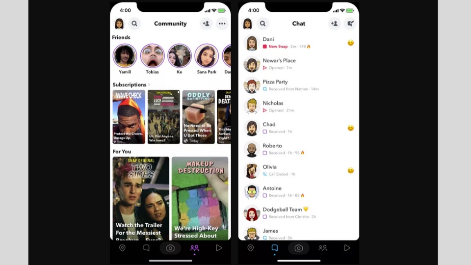One of the redesigns for the app, on Android and iOS both, provides a new home for the Snap Map and Snapchat’s original video programming. The other screenshot shows a test of breaking news headlines inside the app that gives you timely news briefs to complement the existing magazine-style stories on the Discover page.