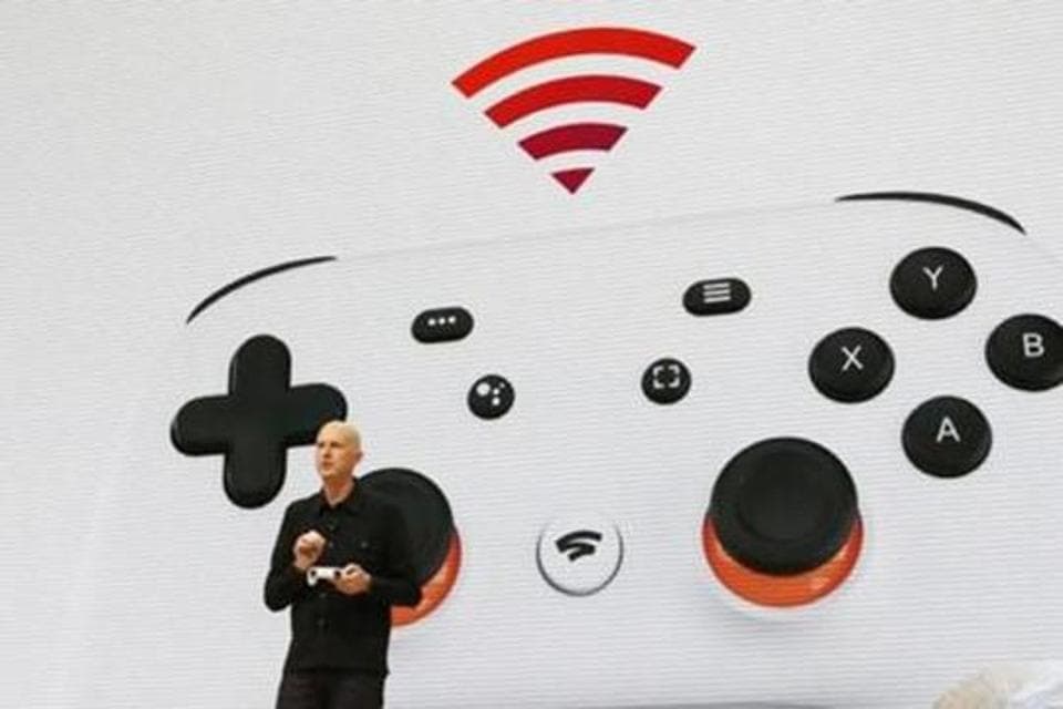 Google vice president and general manager Phil Harrison speaks during a Google keynote address announcing a new video gaming streaming service.