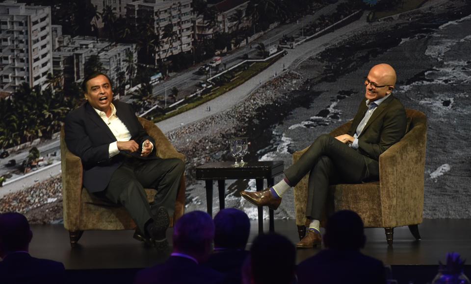 Satya Nadella, CEO, Microsoft interacts with Mukesh Ambani,Chairman and Mg.Director, Reliance Industries during 