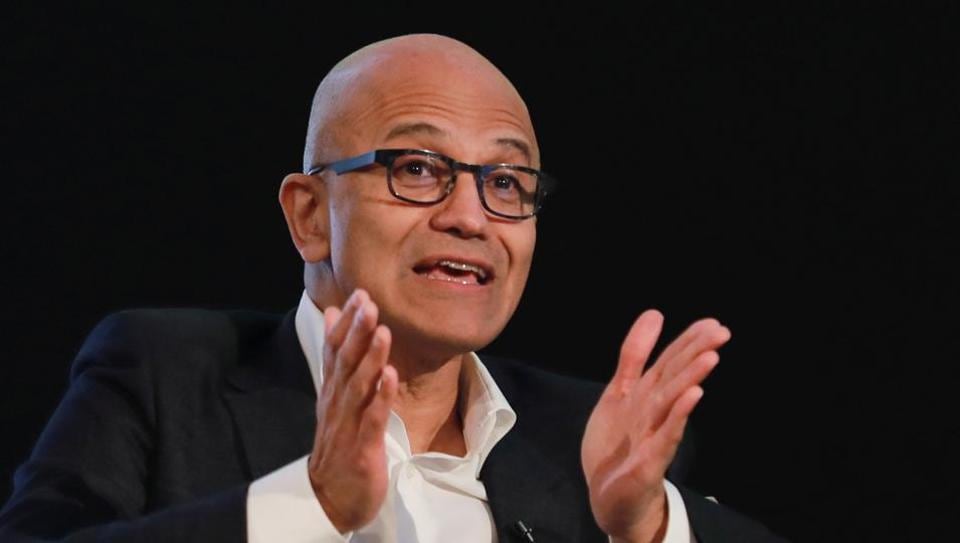 Satya Nadella, Chief Executive Officer of Microsoft, gestures as he attends Microsoft's 'Young Innovators' Summit' in New Delhi, India February 26, 2020.