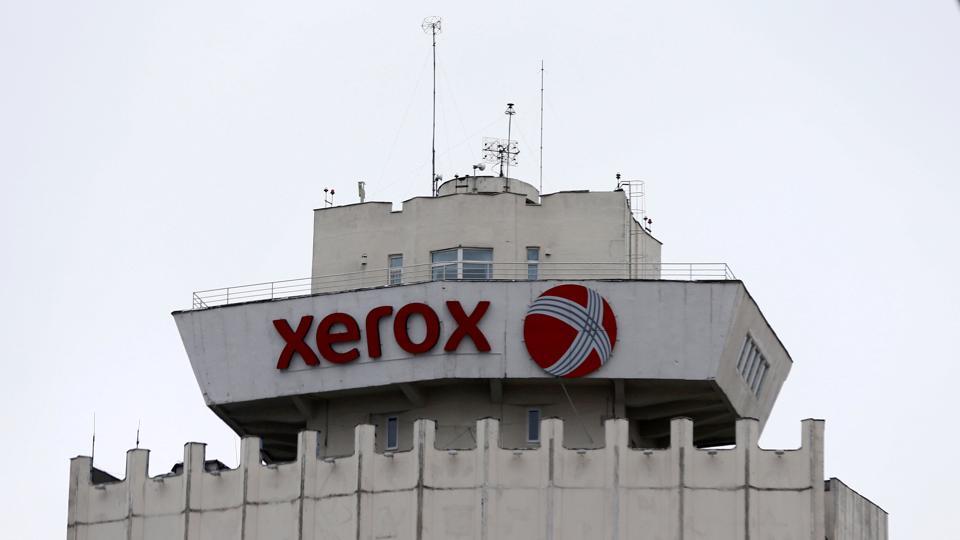 The logo of Xerox company is seen on a building in Minsk, Belarus.