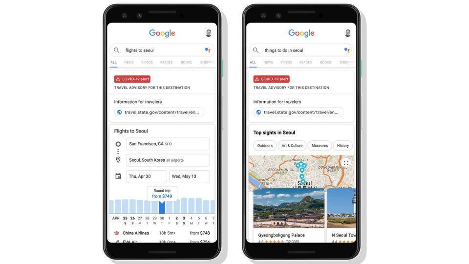 Google Search results will now show Covid-19 alert for travel advisories.