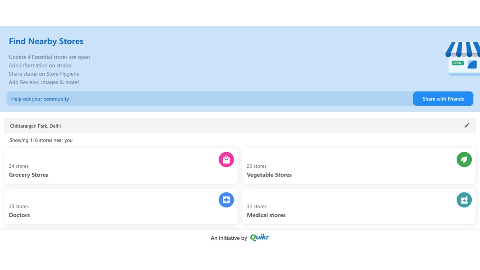 stillopen.in will help you identify the nearest grocery stores, hospitals, pharmacies, COVID-19 centres and other stores that have been classified as essentials that are still open and functioning.