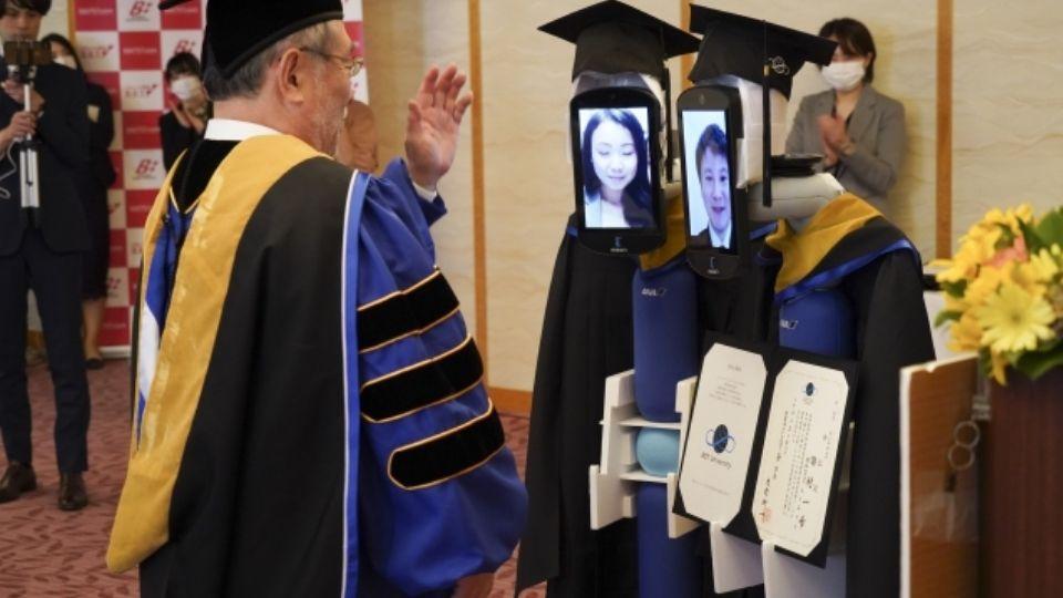 Robots walked up to the stage to receive the degrees on behalf of the students.