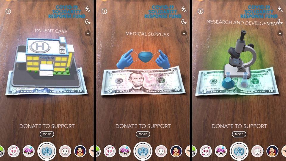 Snapchat’s new AR lens to make people aware about the WHO’s Covid-19 fund. Snapchat’s new AR lens to make people aware about the WHO’s Covid-19 fund.