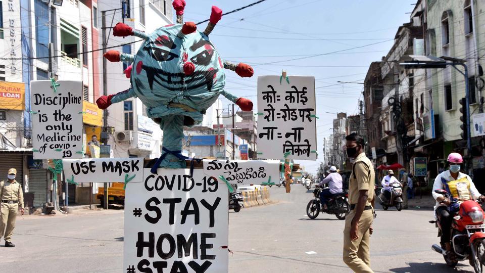 Telangana: Symbolic effigy of Covid-19 at Moghalpura X road to make people aware of the coronavirus during the nationwide lockdown, in Hyderabad on Saturday.