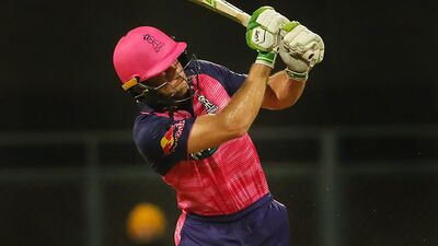 Mumbai: Jos Buttler of Rajasthan Royals plays a shot during match 13 of the Indian Premier League 2022 cricket tournament between the Rajasthan Royals and the Royal Challengers Bangalore, at the Wankhede Stadium in Mumbai, Tuesday, April 5, 2022. (Sportzpics for IPL/PTI Photo)(PTI04_05_2022_000225B)