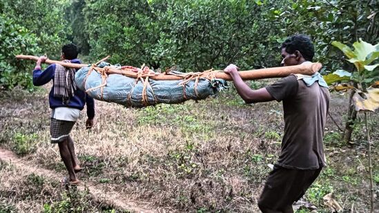 కర్రకు కట్టి తరలిస్తున్న మహిళ మృతదేహం